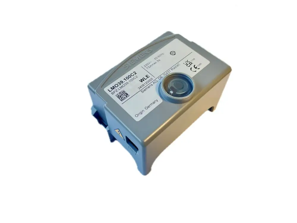 Steuergerät mit grauem Gehäuse und blauem Sensor. Auf der Oberseite befindet sich eine Beschriftung mit Markenlogo von Siemens und technischen Details.