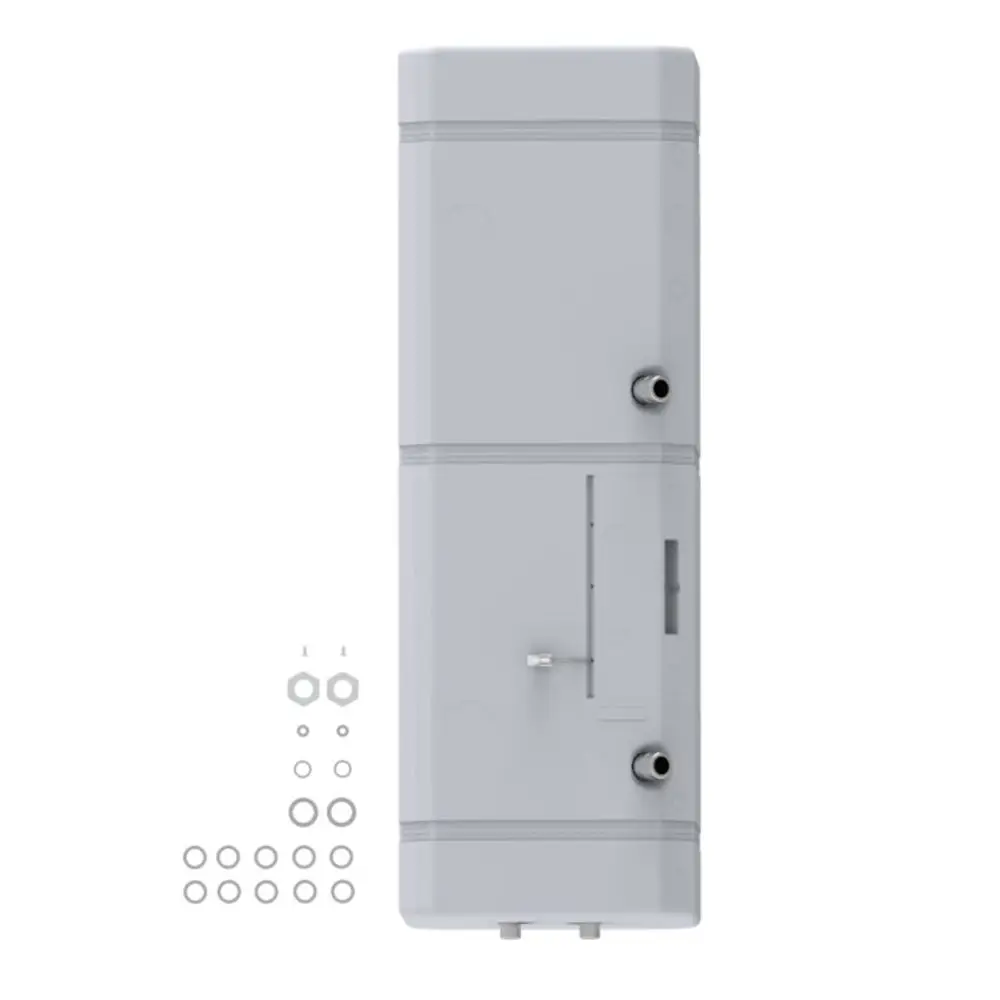 Brötje WGB-K 22/28.1 Speicher, vertikal, vollständig montiert, mit Anschlussmöglichkeiten. Zubehörteile wie Schrauben und Unterlegscheiben daneben angeordnet.