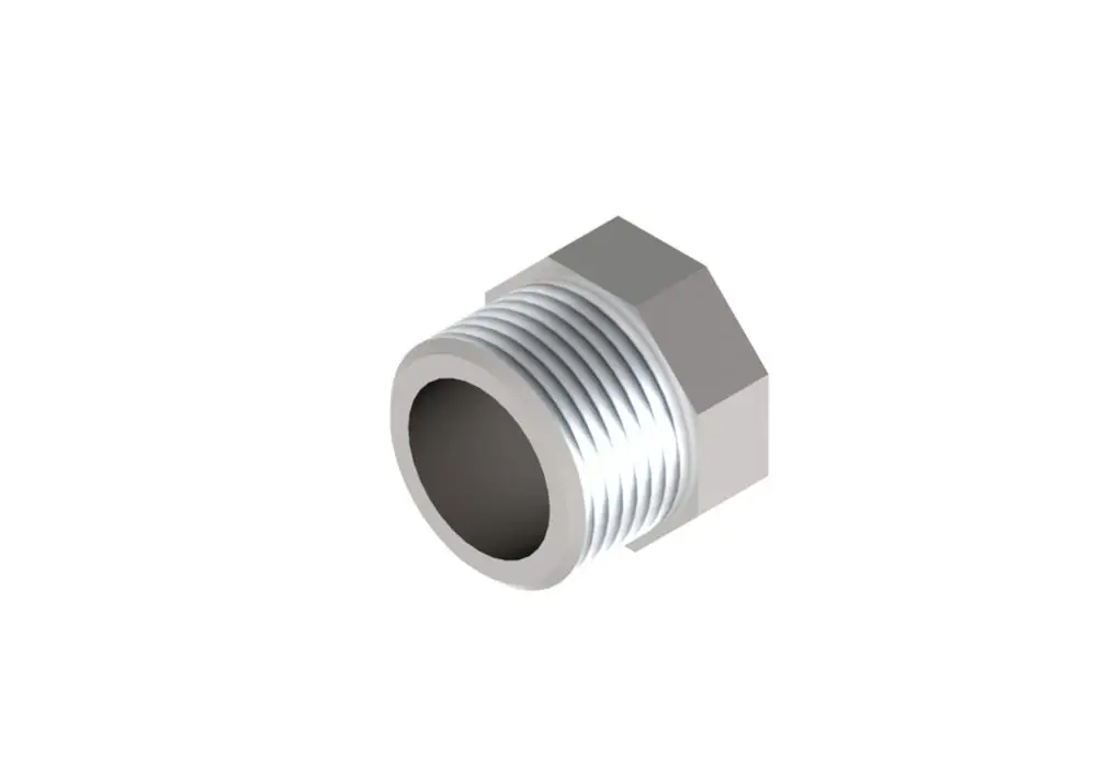 Silberner Stecker mit Außengewinde und hexagonalem Kopf, passend für Rohrverbindungen, hergestellt von Brötje.
