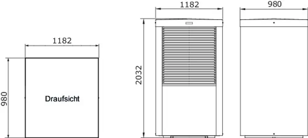 Brötje Wärmepumpe in einem schlichten weißen Design, dargestellt in Draufsicht und frontal, mit angegebenen Maßen auf den Seiten.