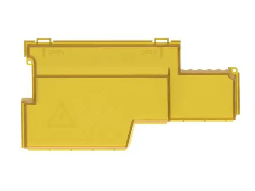Gelber Deckel für eine Anschlussplatine von Brötje, mit einer Warnungssymboldarstellung und einem "OPEN"-Hinweis. Klar erkennbar sind die Öffnungspunkte.