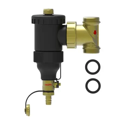 Grau-schwarzer Schmutzabscheider mit goldenen Anschlüssen und einem Abflussventil. Caleffi-Logo sichtbar. Geeignet für Heizungs- und Wassersysteme von Brötje.