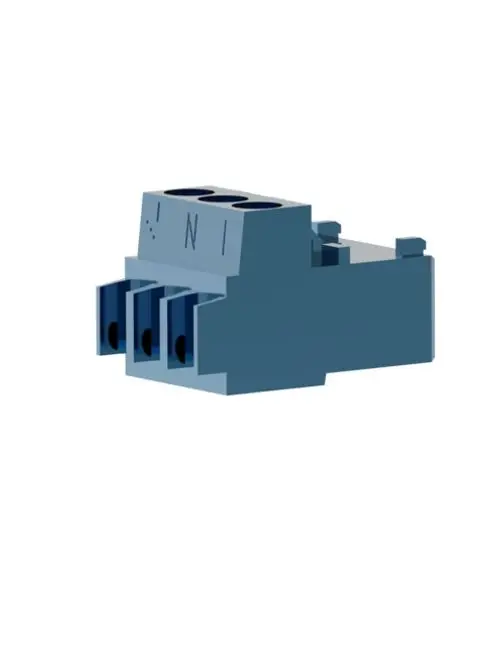 Stecker von Brötje in blauer Darstellung mit drei Anschlüssen, erkennbar an den Öffnungen und dem Schriftzug.