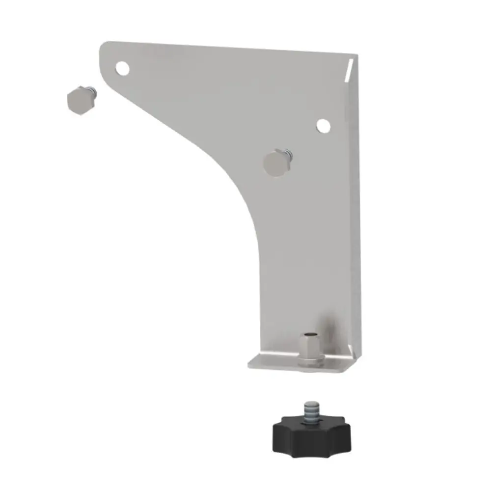 Befestigungsblech aus Metall für Brötje Wärmetauscher mit zwei Schrauböffnungen und einer Gewindemutter an der Basis. Schwarzfarbener Verstellknopf separat.