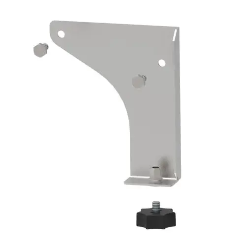 Befestigungsblech aus Metall für Brötje Wärmetauscher mit zwei Schrauböffnungen und einer Gewindemutter an der Basis. Schwarzfarbener Verstellknopf separat.