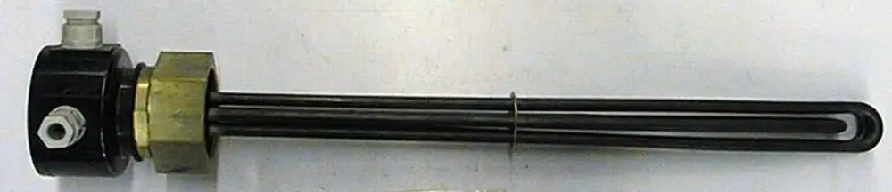 Elektrische Heizung für Plattenwärmetauscher, mit einem schwarzen Gehäuse und zwei gebogenen Heizstäben. Produkt von Brötje, geeignet für Heizsysteme.