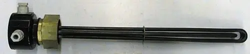 Elektrische Heizung für Plattenwärmetauscher, mit einem schwarzen Gehäuse und zwei gebogenen Heizstäben. Produkt von Brötje, geeignet für Heizsysteme.