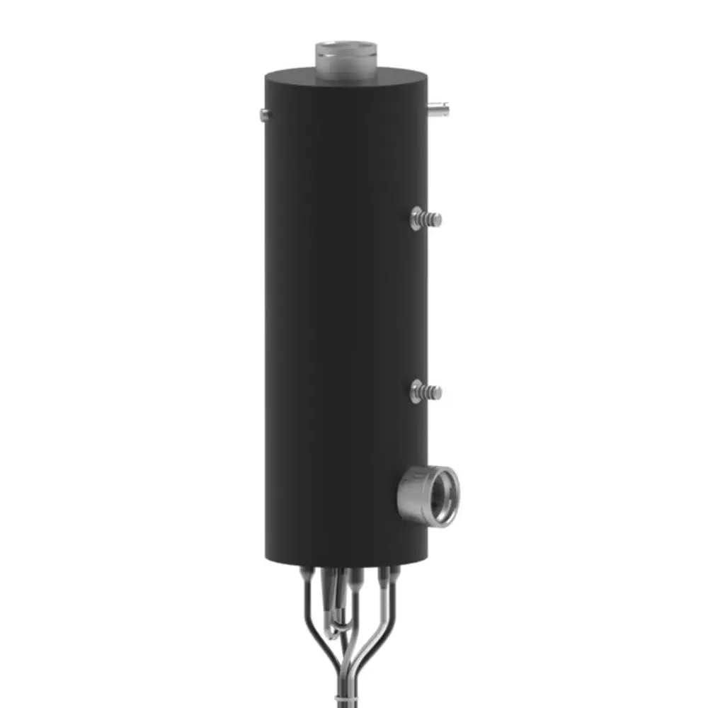 Schwarzer, zylindrischer Heizeinsatz mit mehreren Anschlussrohren und einem seitlichen Anschluss. Produkt von Brötje, geeignet für elektrische Heizsysteme.