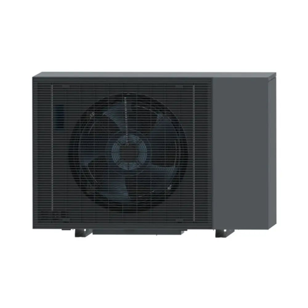 Wärmepumpe von Brötje in kompaktem Gehäuse mit großem Kühlerfan auf der Vorderseite. Schlichtes Design, geeignet für den Außenbereich.