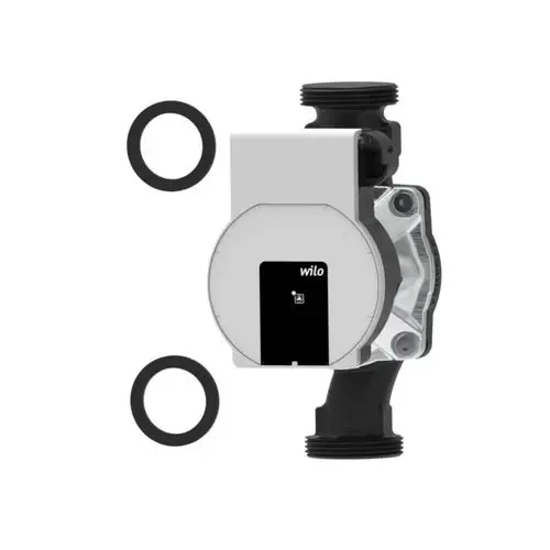 Pumpe von Brötje mit zwei O-Ringen, seitlich angebrachter Anschluss und kompaktem Design, geeignet für Heizungsanwendungen.