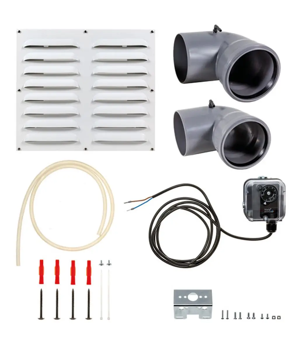Wandanschluss-Set von Brötje, bestehend aus einem Luftauslassgitter, zwei Formstücken, Rohrleitung, Kabel und Montagematerial für die Installation.