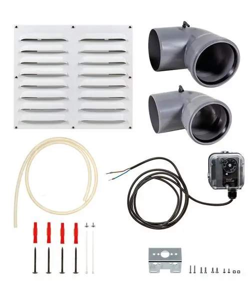 Wandanschluss-Set von Brötje, bestehend aus einem Luftauslassgitter, zwei Formstücken, Rohrleitung, Kabel und Montagematerial für die Installation.