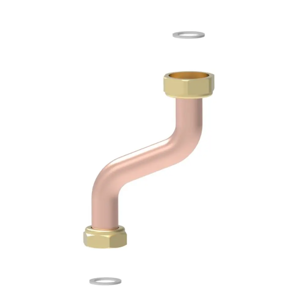 Rücklaufrohr mit gebogenem Design, aus Kupfer mit messingfarbenen Verbindungselementen, geeignet für Brötje Pumpensysteme.