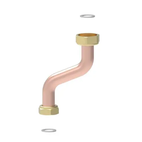 Rücklaufrohr mit gebogenem Design, aus Kupfer mit messingfarbenen Verbindungselementen, geeignet für Brötje Pumpensysteme.