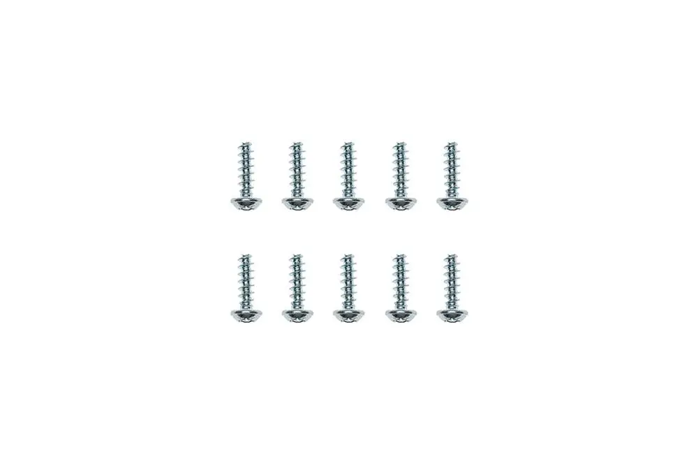Zehn metallene Schrauben in zwei Reihen angeordnet, mit flachen Köpfen. Die Schrauben sind in einem neutralen Licht abgebildet.