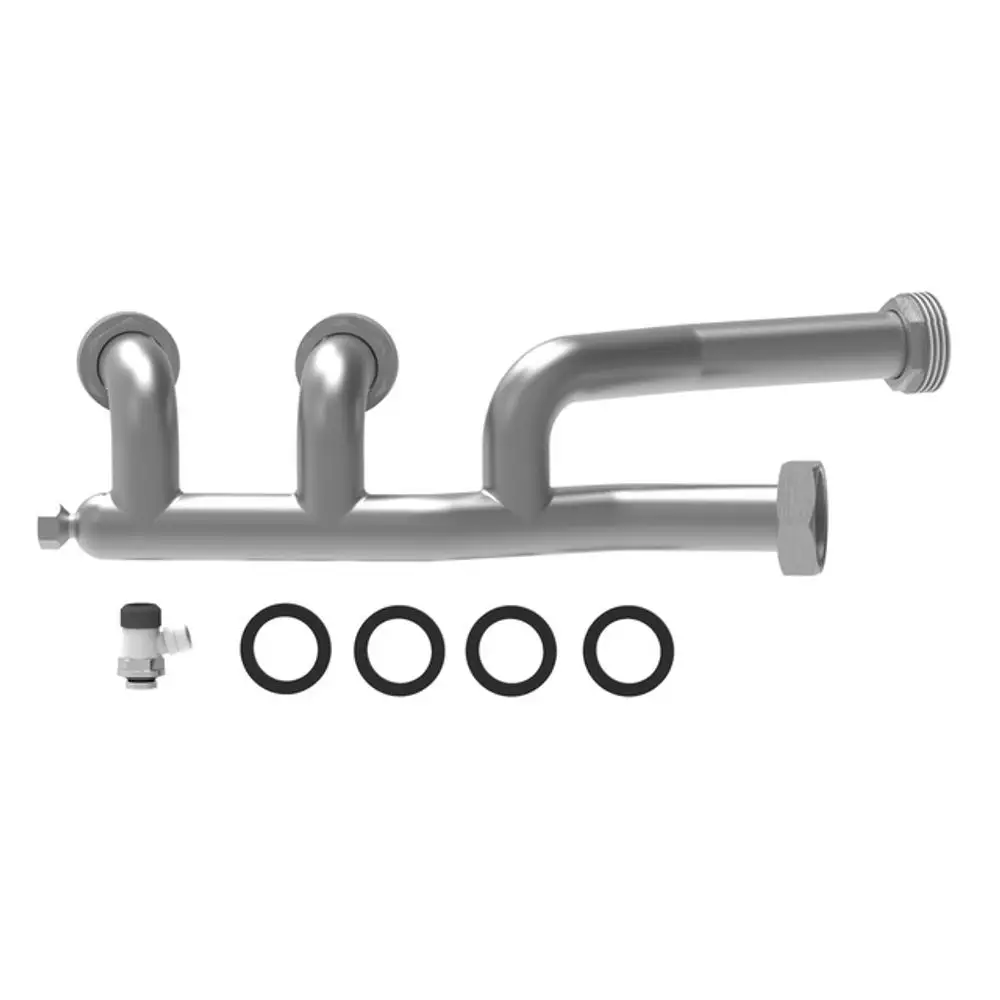 Heizelement-Rohr von Brötje mit mehreren Anschlüssen und Befestigungselementen in metallischer Ausführung. Vier O-Ringe und ein Ventil sind im Lieferumfang enthalten.