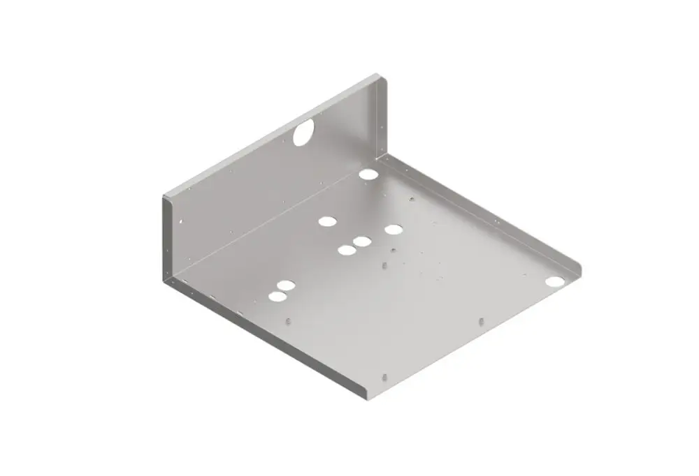 Metallplatte mit einer hochstehenden Rückwand und mehreren Löchern, geeignet zur Befestigung von Komponenten. Produkt von Brötje.