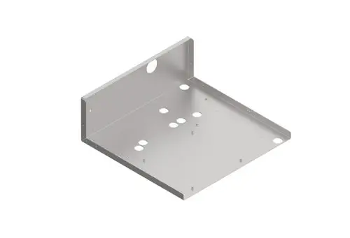 Metallplatte mit einer hochstehenden Rückwand und mehreren Löchern, geeignet zur Befestigung von Komponenten. Produkt von Brötje.