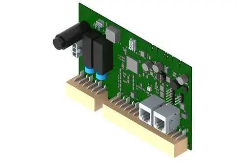 Grüne Leiterplatte mit mehreren elektrischen Bauteilen, Anschlüssen und Kühlrippen, hergestellt von Brötje. Geeignet für elektronische Anwendungen.