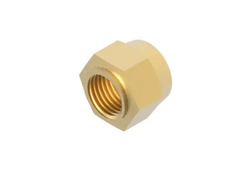 Brötje Schraubmutter, aus Messing gefertigt, mit innerem Gewinde zur Verbindung von Rohrleitungen. Klarer industrieller Designansatz.
