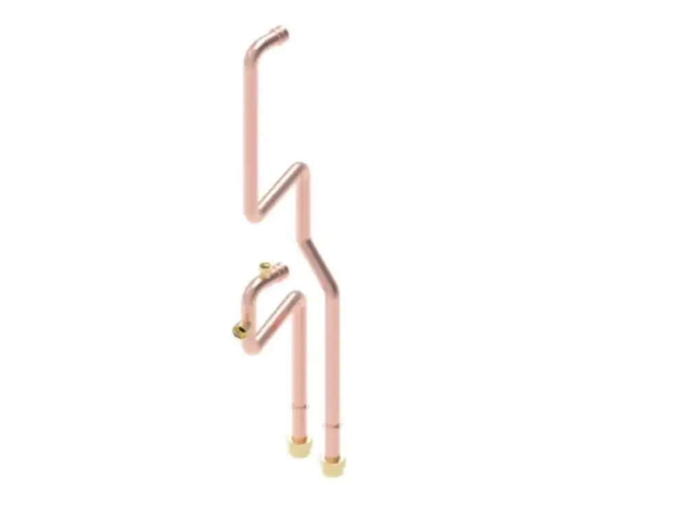 Heizkreis-Set aus Kupferrohren mit zickzackförmigem Design, ausgestattet mit Anschlussstellen. Produkt von Brötje.