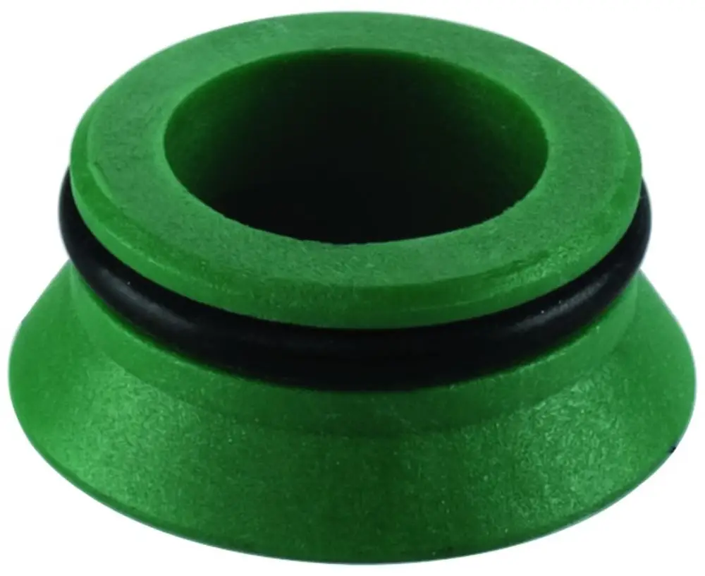 Grüner Kunststoffkonus mit schwarzem O-Ring von Flamco, geeignet für Verbindungen in hydraulischen Systemen.