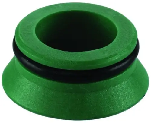 Grüner Kunststoffkonus mit schwarzem O-Ring von Flamco, geeignet für Verbindungen in hydraulischen Systemen.