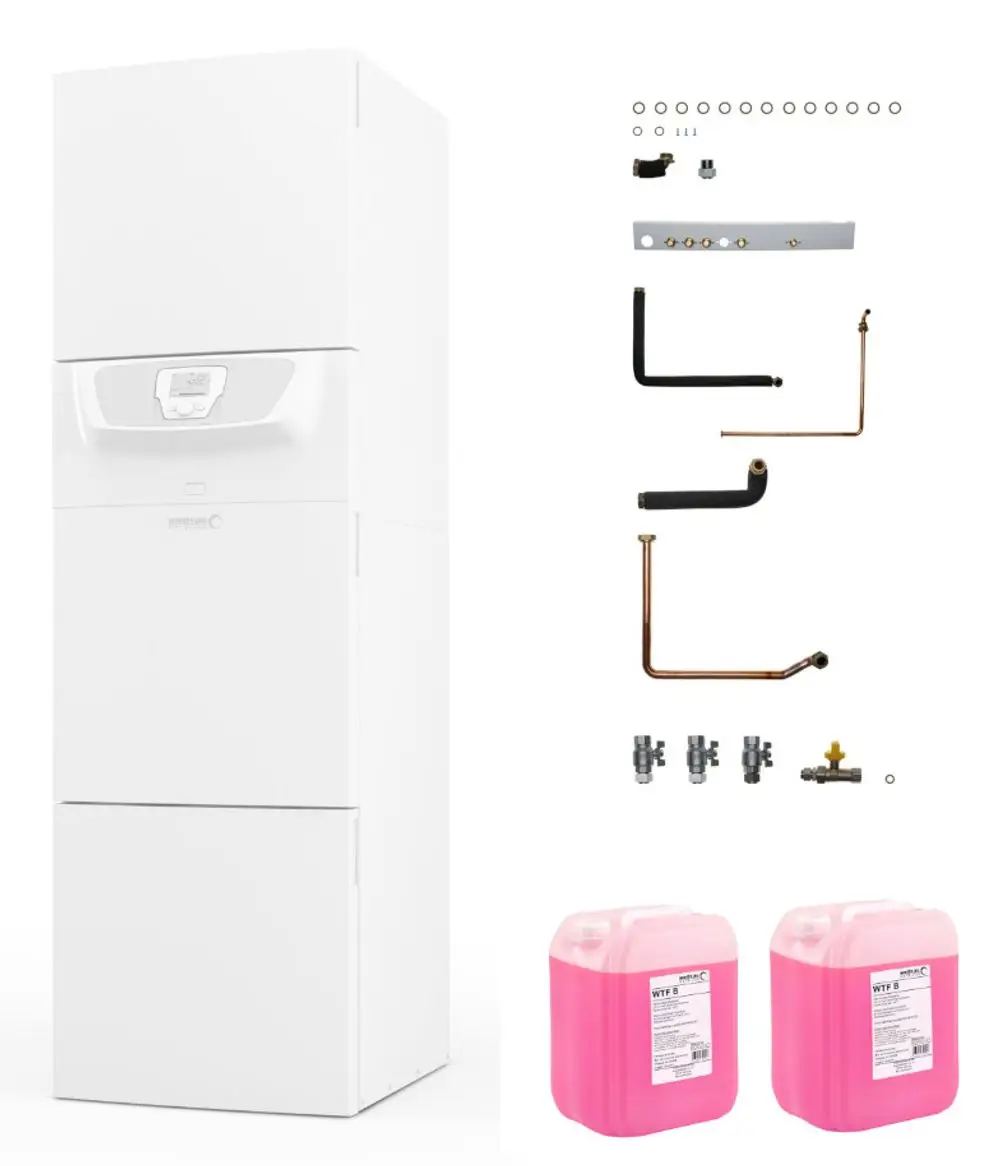 Brötje Heizsystem, bestehend aus einem weißen Gerät mit zwei untereinander angeordneten Fächern, sowie verschiedenen Installationsteilen und zwei Kanistern mit pinker Flüssigkeit.