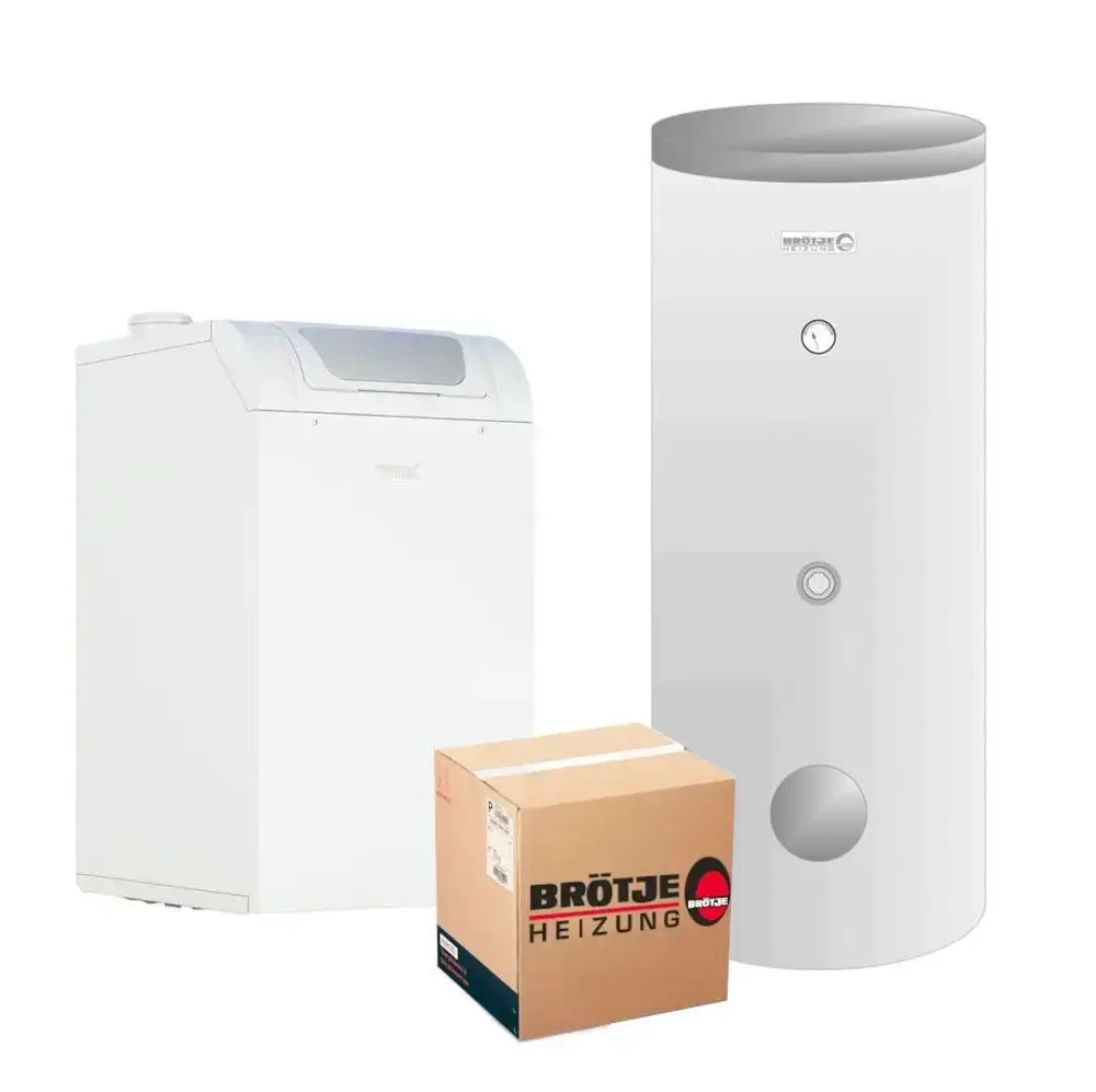 Weißer Heizungs- und Warmwasserspeicher von Brötje, abgebildet mit einer dafür vorgesehenen Verpackung.