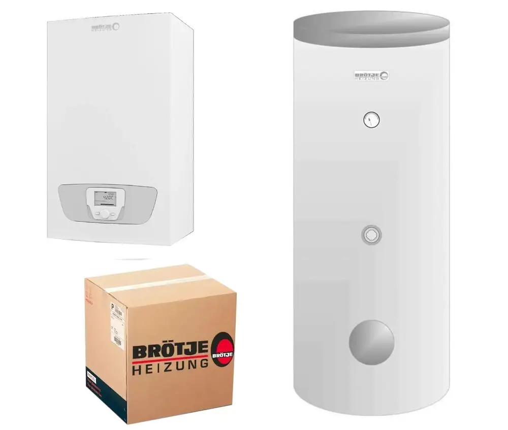 Brötje Heizsystem, bestehend aus einem kompakten Gerät zur Heizungssteuerung und einem zylindrischen Speicher, beide in weißer Ausführung. Verpackung im Hintergrund sichtbar.
