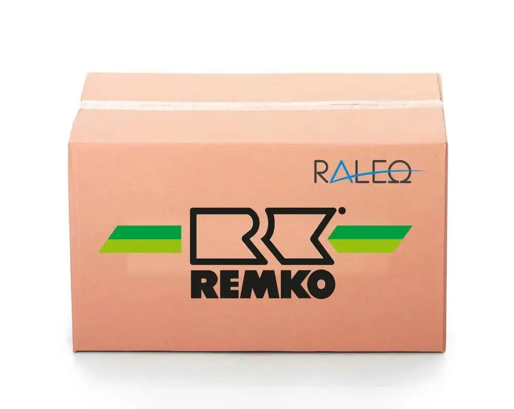 Brauner Versandkarton mit dem Logo von Remko auf der Vorderseite und der Aufschrift „RALEO“ oben rechts.