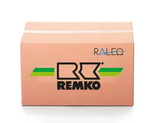 Brauner Versandkarton mit dem Logo von Remko auf der Vorderseite und der Aufschrift „RALEO“ oben rechts.