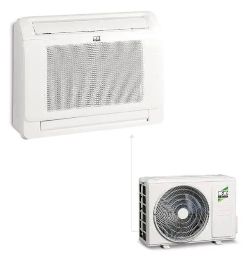 Split-Klimaanlage bestehend aus einem Innengerät mit Gitterfront und einem Außengerät mit Ventilator. Beide in weißer Farbe.