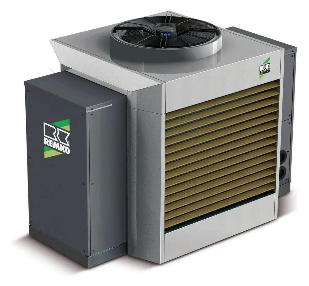 Wärmepumpe von Remko mit einem kompakten Design und einem Ventilator auf der Oberseite. Die Frontseite hat schlichte Lamellen zur Luftzirkulation.