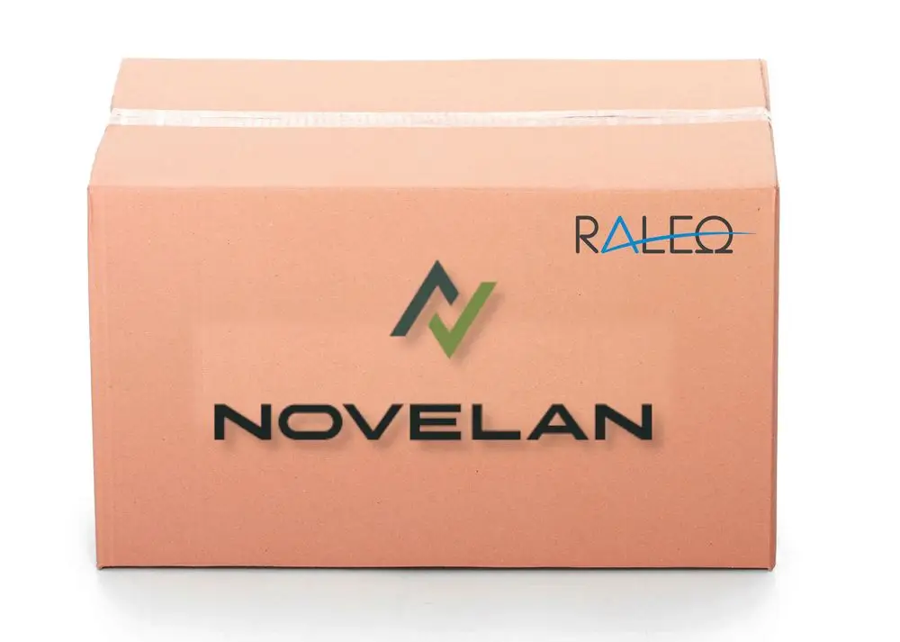 Brauner Karton mit Logo von Novelan und dem Schriftzug "RALEQ" oben rechts. Der Karton ist nicht geöffnet.
