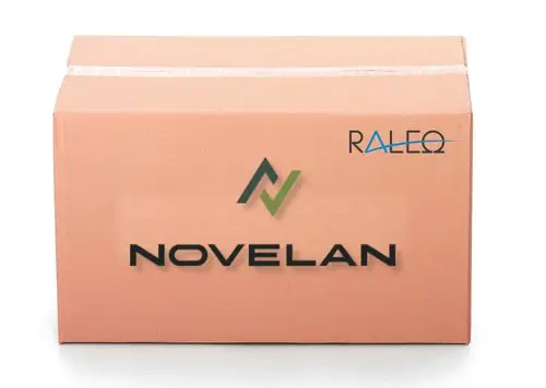 Brauner Karton mit Logo von Novelan und dem Schriftzug "RALEQ" oben rechts. Der Karton ist nicht geöffnet.