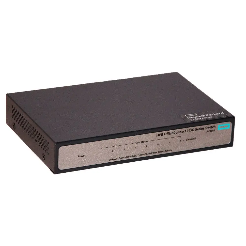 Netzwerkswitch von HPE OfficeConnect, mit mehreren Ports zur Verbindung von Geräten, sichtbar sind Power- und Statusanzeigen, hergestellt von Hewlett Packard Enterprise.