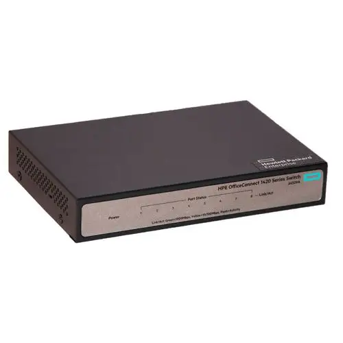 Netzwerkswitch von HPE OfficeConnect, mit mehreren Ports zur Verbindung von Geräten, sichtbar sind Power- und Statusanzeigen, hergestellt von Hewlett Packard Enterprise.