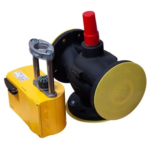 Zubehör von Novelan, bestehend aus einer schwarzen Hydraulikkomponente mit gelben Abdeckungen und einem gelben Antrieb, zur Verwendung in hydraulischen Systemen.