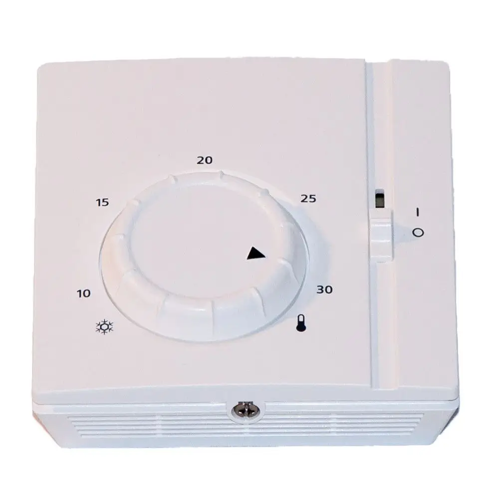 Weißer Wandthermostat von Novelan mit einem Drehregler zur Temperatureinstellung zwischen 10 und 30 Grad sowie einem Schalter zur Kontrolle der Heizfunktion.