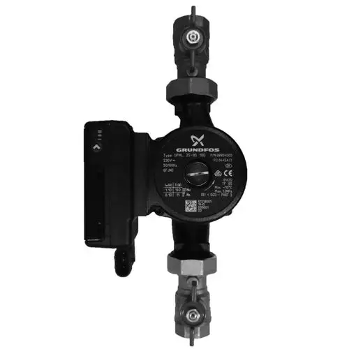 Hydraulikkomponente von Grundfos mit verschiedenen Anschlussoptionen und technischer Kennzeichnung für den Einsatz in hydraulischen Systemen. Marke: Novelan.