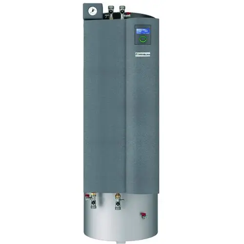 Vertikaler, grauer Wasserspeicher von Novelan mit digitalem Display, Druckmanometer und Anschlussventilen an der Unterseite.