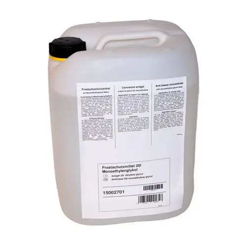 Transparenter Behälter mit schwarzem Deckel, beschriftet mit Informationen zu Frostschutzmittel auf Basis von Monethylenglykol, angeboten von der Marke Novelan.