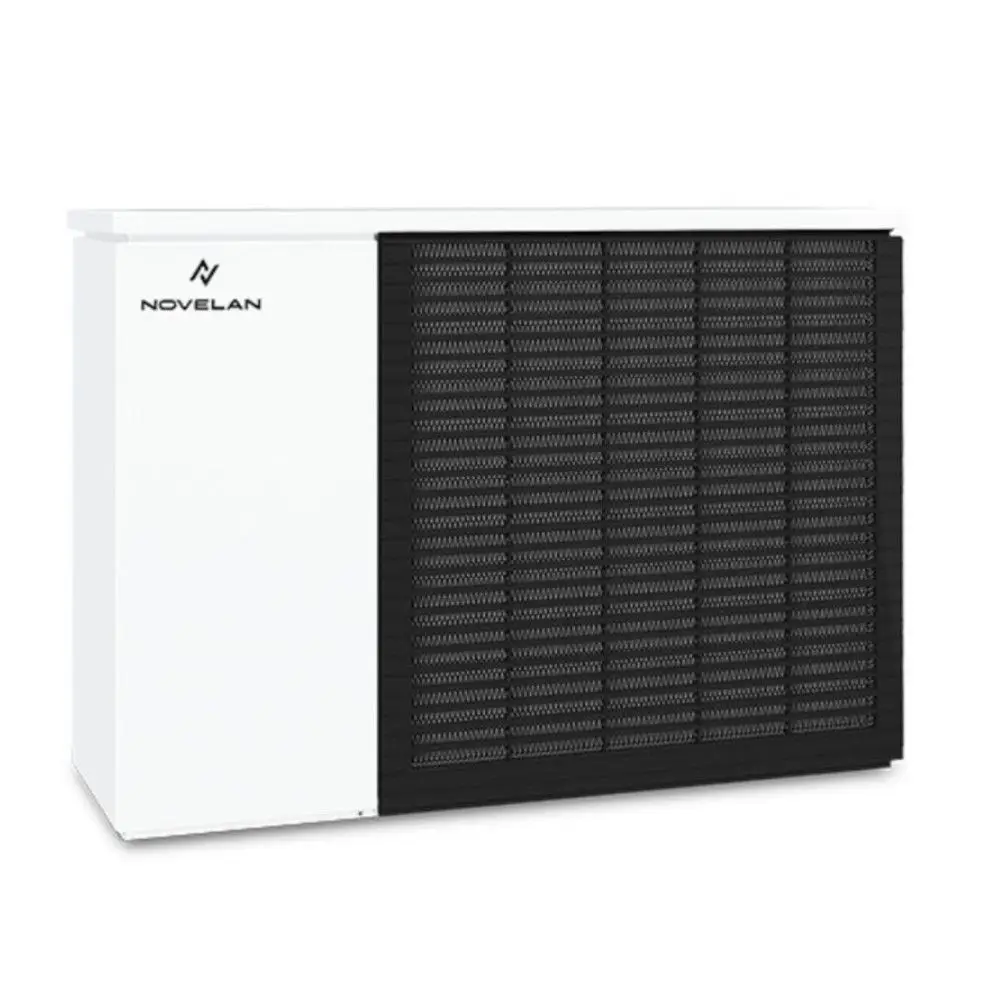 Wärmepumpe von Novelan in kompaktem Design, mit einer weißen und schwarzen Front, geeignet für die Außeninstallation zur Heizungsunterstützung.