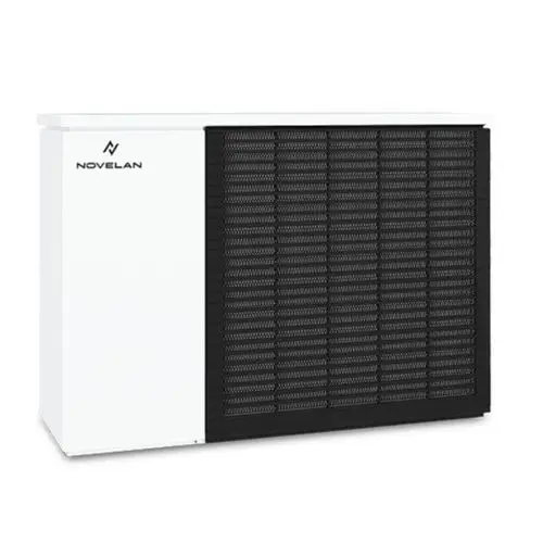 Wärmepumpe von Novelan in kompaktem Design, mit einer weißen und schwarzen Front, geeignet für die Außeninstallation zur Heizungsunterstützung.