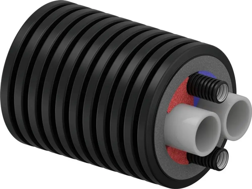 Schwarzes Rohrsystem mit mehreren Rippenschichten, zwei weißen Rohren auf der Seite und drei Anschlüssen. Produkt von Uponor zur Wärmeübertragung.
