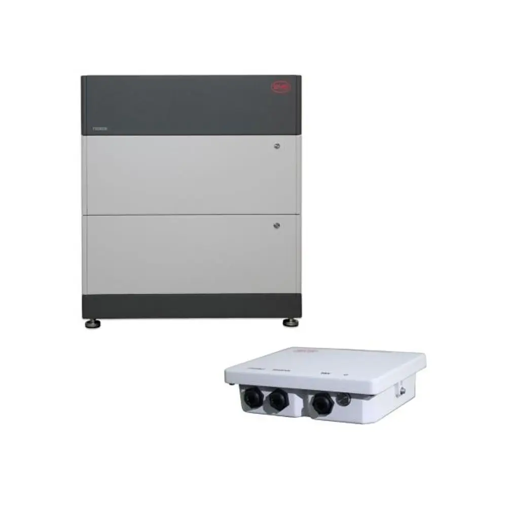 Photovoltaik-Speicher und Wechselrichter in grau und weiß, konzipiert für die Energieerzeugung und -verwaltung. Das System zeigt verschiedene Anschlüsse und eine kompakte Bauweise.