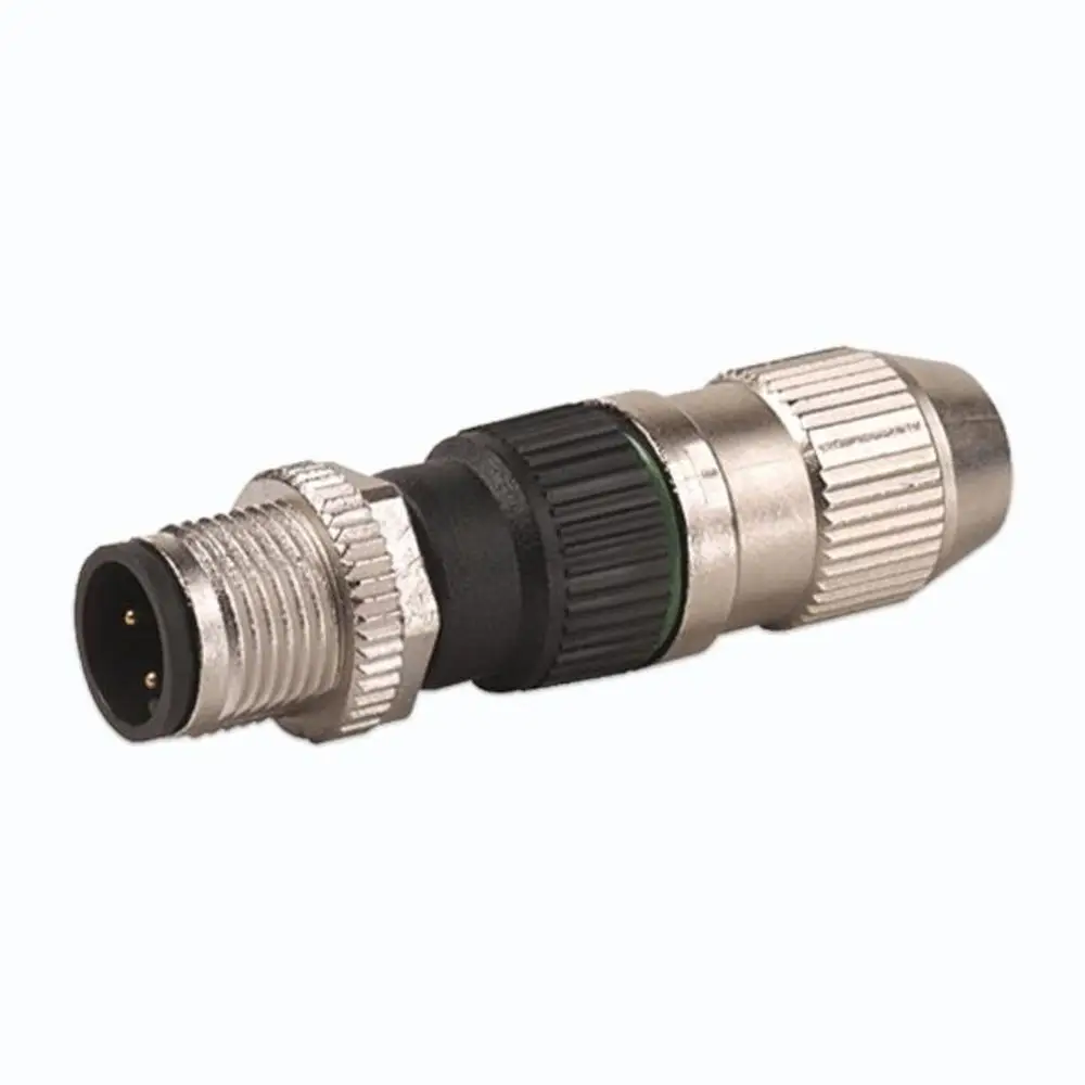 M-12 Stecker für RS485 von SMA mit metallischen und schwarzen Kunststoffteilen, geeignet für industrielle Anwendungen zur Datenübertragung.