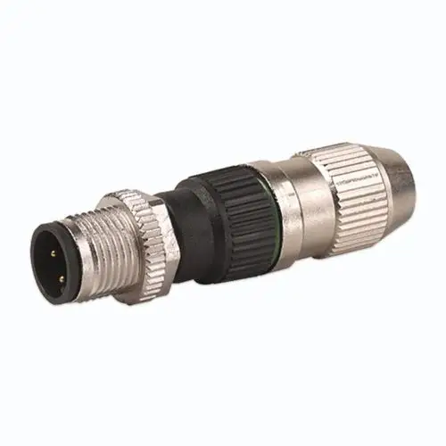 M-12 Stecker für RS485 von SMA mit metallischen und schwarzen Kunststoffteilen, geeignet für industrielle Anwendungen zur Datenübertragung.