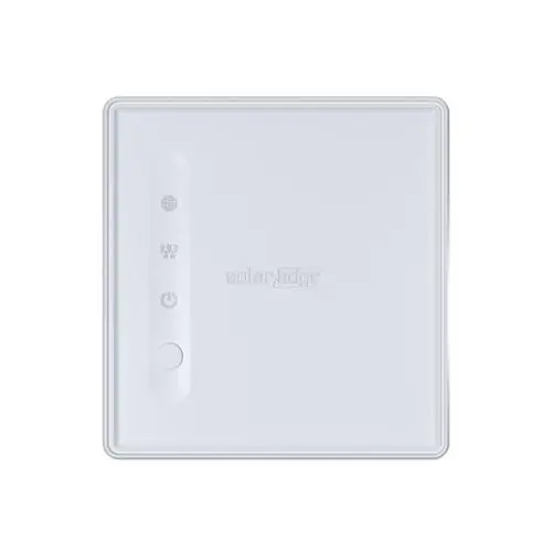 Weißer elektronischer Controller von SolarEdge mit Tasten und Anzeigeleuchten, rechteckige Form. Ideal für die Steuerung von Solaranlagen in Wohngebäuden.